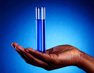 Close up na mão de um cientista segurando um tubo de ensaio com fundo azul.