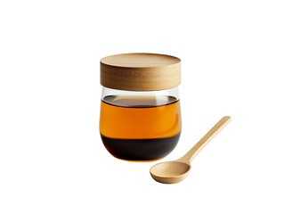 Amber Honey in Glass Jar, Wooden Spoon, Isolated on Transparent PNG
