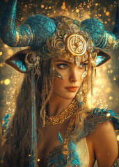 A gold and turquoise image of a fantasy Taurus woman, realistic illustration style