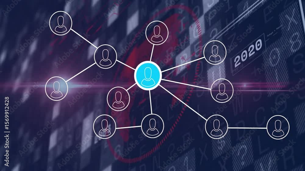 Poster network sending lines via node, morphing into ear and user icons, reversing to grid for evolution