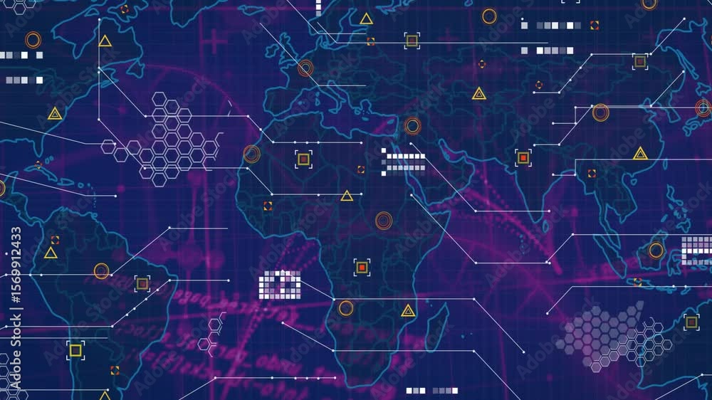 Poster opening closeup showing neonblue map expanding, connecting lines, emerging hex grids, pulsing icons