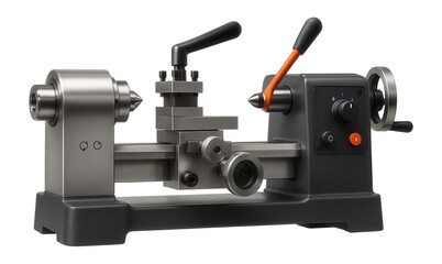 Bench-top semi-automatic lathe with a manual control lever and a cast iron base for educational workshops