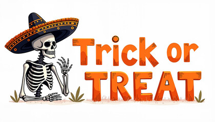 Playful skeleton wearing a sombrero, waving beside vibrant "Trick or Treat" letters against a festive backdrop, celebrating Halloween spirit.