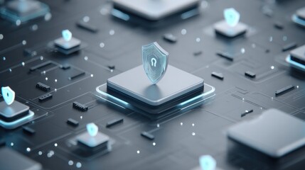 Futuristic data protection concept with glowing security icons on abstract digital motherboard surface ideal for cybersecurity visuals, tech articles and encryption interface designs