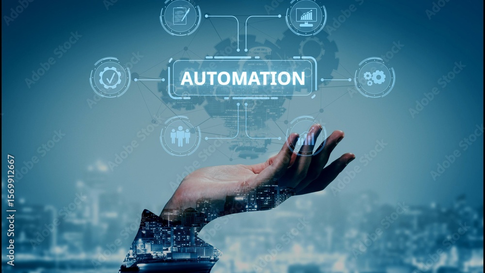 Poster modern automation drives workflow efficiency by connecting systems, people, and data. with intellige