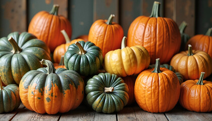 Assorted pumpkins in vibrant colors arranged on rustic wooden surface, a celebration of autumn's harvest.