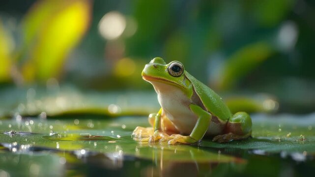 Green tree frog resting on a water lily pad with reflection and bokeh background