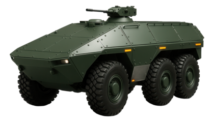 Wheeled armored infantry vehicle with six large tires and reinforced hull plating