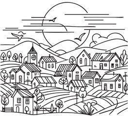 Village landscape with road and buildings, line sketch. Black and white
