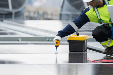 Solar panel rooftop, Rooftop solar power. Engineer or technicians maintaining and repairing solar power systems on rooftop of building. Hands of engineer install solar cell on rooftop