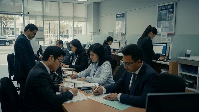Asian office workers collaborating in corporate meeting room. Business team discussing project. Professional workplace scene with diverse employees and computer equipment.