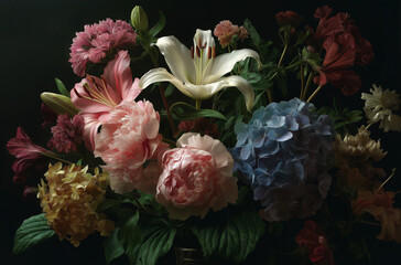 A close-up of an arrangement of flowers, including lilies and hydrangeas