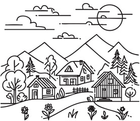 Vector pattern with pine trees, village house and mountains. Black and white doodle style sketch