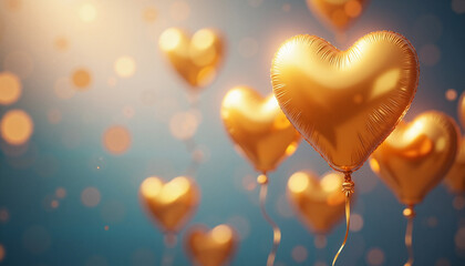 Golden heart balloons floating against a soft bokeh background, symbolizing love and celebration.