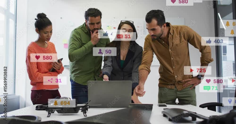 Poster Man pointing laptop causing team analyzing social metrics planning next steps with floating icons