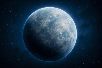 Fototapeta premium Frozen alien planet with icy surface floating in the dark void of space