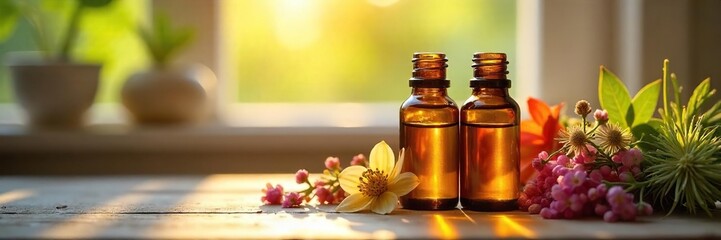 Calming Essential Oil Spa Scene Sunlight Illuminates Aromatic Bottles, Dried Flowers, and Herbs