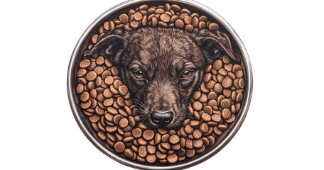 Dark Dog's Face in Food Bowl, Isolated on Transparent PNG, Detailed Illustration