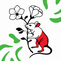 Cute Red and White Mouse with Flowers and Leaves Illustration