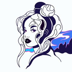Stylish Woman Portrait: Line Art, Dark Hair Bun, Blue Landscape Background
