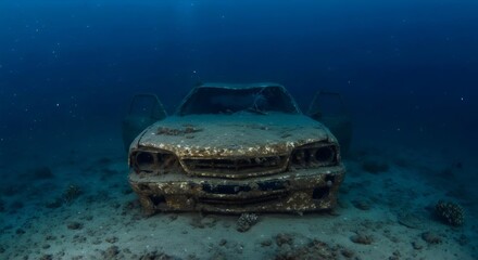 Frontal Shot of Wrecked Car in Marine Decay with Eerie Deep Sea Exploration Vibe  