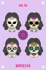 Mexican female skull vector collection in color. Perfect for day of the dead celebrations