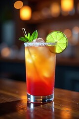 Fresh lime wedges, salt-rimmed glass, and a colorful cocktail mix in a modern bar setting, decor, bars, glasses