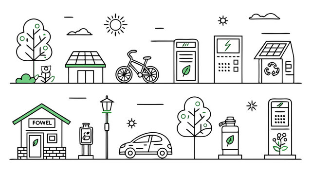 Eco friendly city illustration with solar panels, electric car, bicycle and recycling for sustainable living
