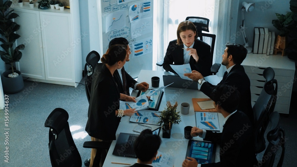 Poster top view of investor handed financial document to manager while explain marketing idea at meeting ta