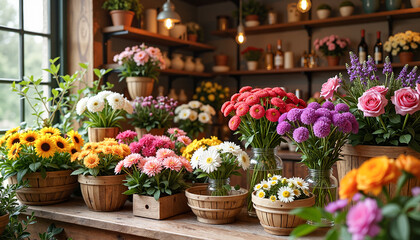 Vibrant display of colorful seasonal flowers in rustic wooden pots, enhancing the charm of a flower shop interior, concept of beauty and nature.