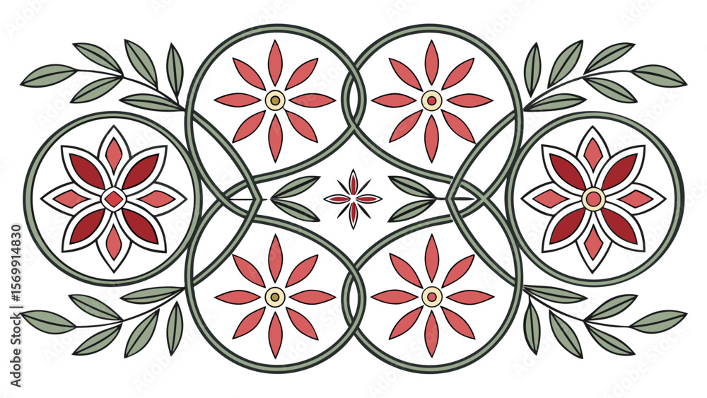 Poster floral vector design with interwoven circles and leaves for decorative border and pattern use case d