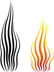 Set of vector fire images. Isolated abstract design element. Bright flame. Black silhouette of flame. Long tongues of flame.