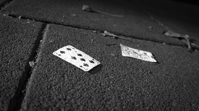 Dirty playing cards lay on the brick sidewalk (black&white)