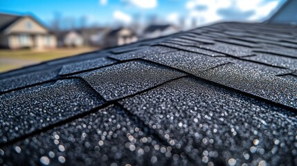 Close-up of a wet, dark roof