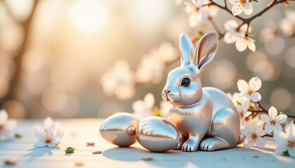 Silver bunny sitting beside shiny eggs and cherry blossoms, spring joy. Festive decoration for Easter celebration or greeting card.