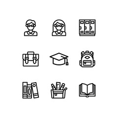 School line icon set. Education vector icons. Includes teacher, lockers, backpack and book symbols. Perfect for infographics, web, and apps.