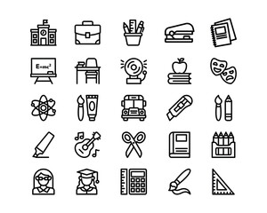 School line icon set. Education vector icons. Includes supplies, subjects, teacher and student symbols. Perfect for infographics, web, and apps.