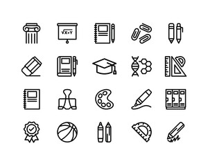 School and education vector icons collection. Thin line style, editable strokes. Includes learning tools, classroom elements, and digital education symbols.