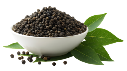 A bowl of black pepper with a leaf 