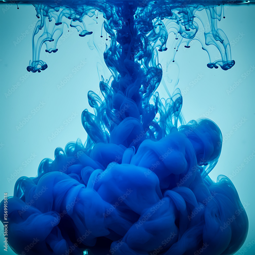 Poster a dynamic cloud of blue ink dissolving in clear water, creating a vibrant, abstract swirl. represent