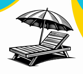 Beach Chair and Umbrella: Black and White Illustration