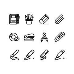 School Supplies line icon set. Education vector icons. Includes pencil, paper cutter, stapler and tools symbols. Perfect for infographics, web, and apps.
