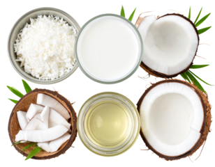 Coconut-Based Products Set with Oil Jar, Milk Glass, and Coconut Chunks – PNG Transparent.