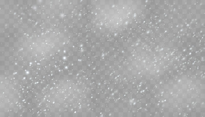 Realistic falling snow with white flakes in the air. Snowy texture on transparent background for creating winter mood, overlays, or festive effects.