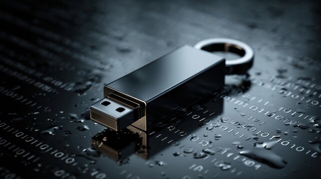 Black USB flash drive on wet binary code surface representing data security, digital storage, encryption, and information protection in modern tech environments
