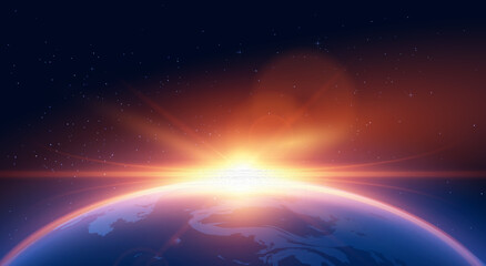 Sunrise horizon on planet Earth, solar or moon blur spark effect, glowing round beams realistic vector illustration © sabelskaya