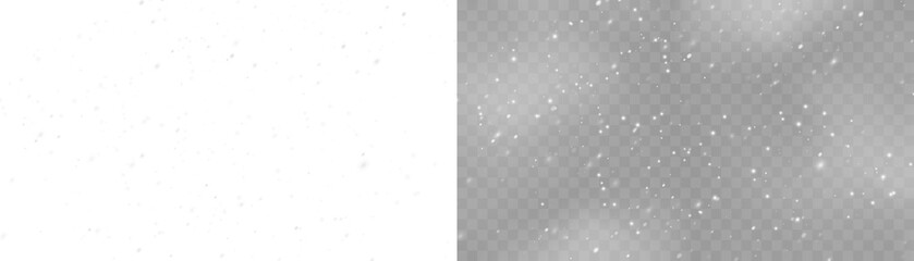 Realistic falling snow with white flakes in the air. Snowy texture on transparent background for creating winter mood, overlays, or festive effects.
