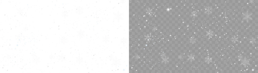 White snowflakes falling on transparent background. Light winter snowfall with multiple shapes and...