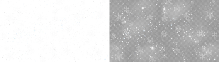 Realistic falling snow with white flakes in the air. Snowy texture on transparent background for...