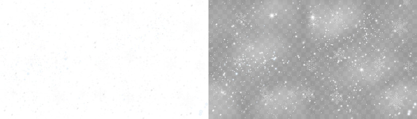 Winter snowfall texture with realistic white snowflakes on transparent background. Use as overlay...